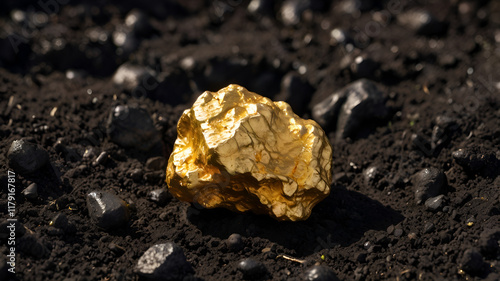 Raw golden gold nugget on mineral mine dark soil, symbolise wealth, treasure & precious expensive metal photo