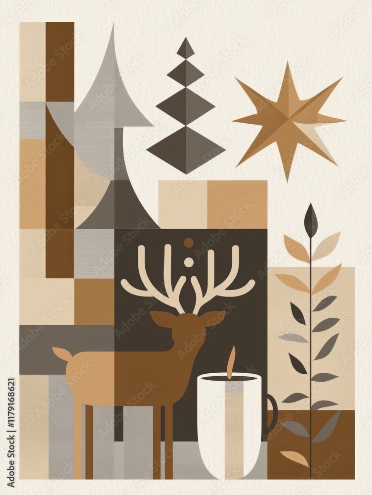 Fototapeta premium Scandinavian Christmas Patchwork: Neutral Geometric Festive Design