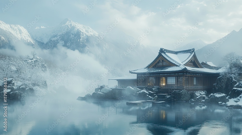 Serene Winter Landscape with Mountain and Traditional Wooden House Serene Winter Landscape with Mountain and Traditional Wooden House