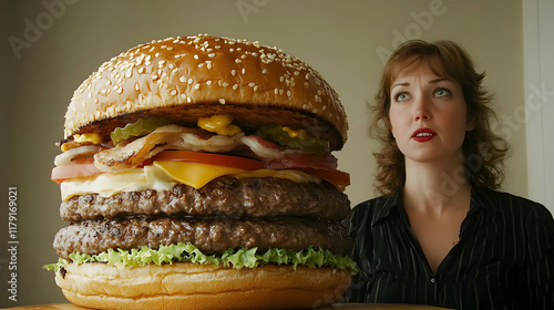 Woman Looks Up at a Giant Double Cheeseburger with Bacon, Lettuce, Tomato, and Pickles