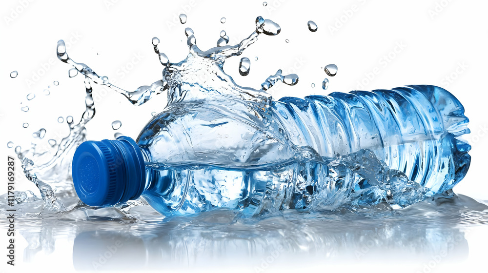 Water Bottle Splashes with Dynamic Fluid Motion on White Background Water Bottle Splashes with Dynamic Fluid Motion on White Background