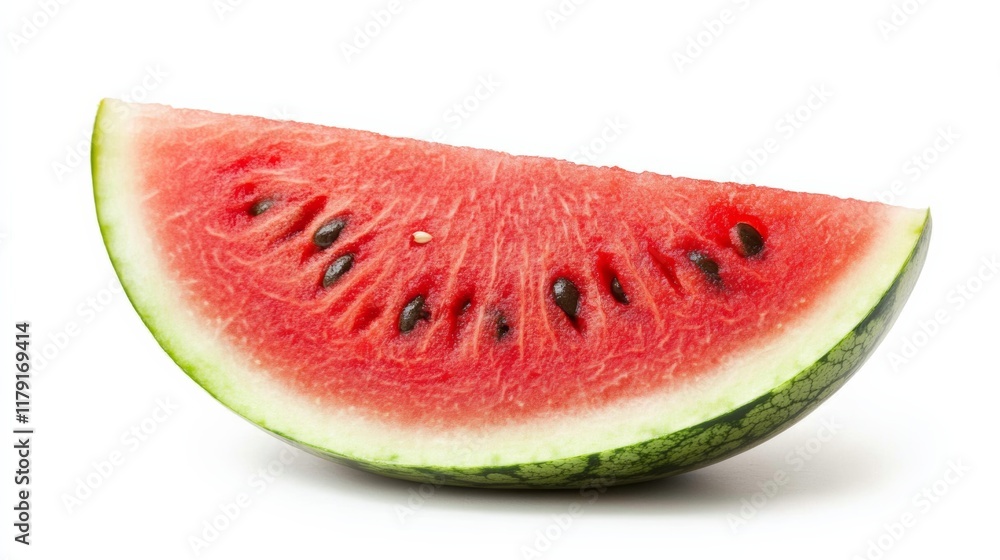 A refreshing watermelon slice with a bright red interior and seeds, isolated on white A refreshing watermelon slice with a bright red interior and seeds, isolated on white
