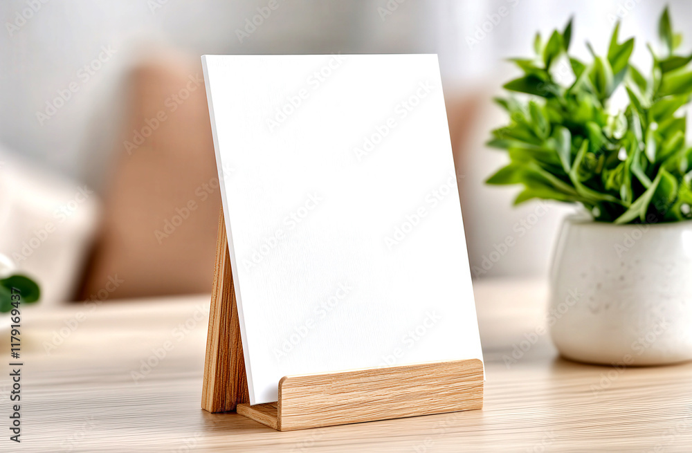 Empty white card displayed on a wooden stand, set on a light wooden table with blurred green plant and cozy background. Concept of minimalism, mock up, holiday menu Empty white card displayed on a wooden stand, set on a light wooden table with blurred green plant and cozy background. Concept of minimalism, mock up, holiday menu