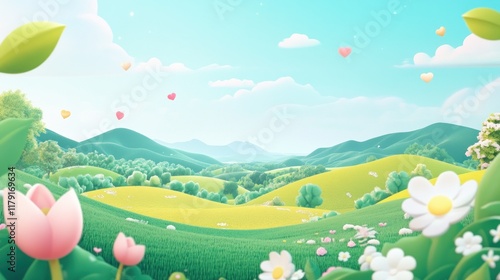 Idyllic 3D cartoon landscape with rolling hills, flowers, and hearts.
