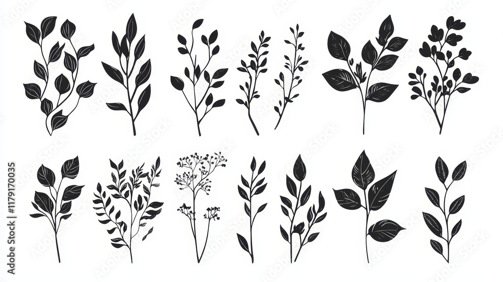 Black damask floral and foliate design elements isolated on white background suitable for patterns or ornaments Black damask floral and foliate design elements isolated on white background suitable for patterns or ornaments