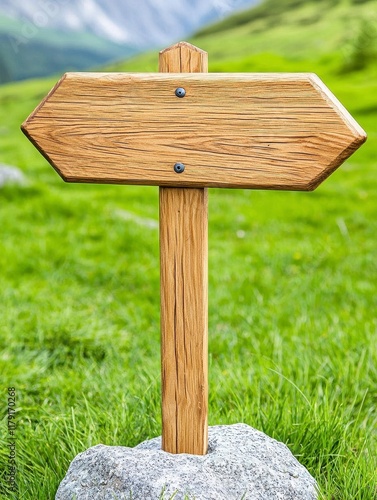 A photostock of a wooden directional sign in a natural setting, ideal for travel, outdoor adventures, or wayfinding designs. High Quality photo