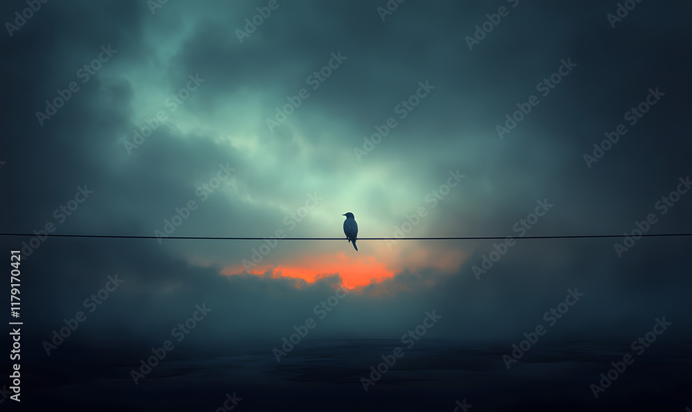 Stark silhouette of a bird perched on a wire against a cloudy Stark silhouette of a bird perched on a wire against a cloudy