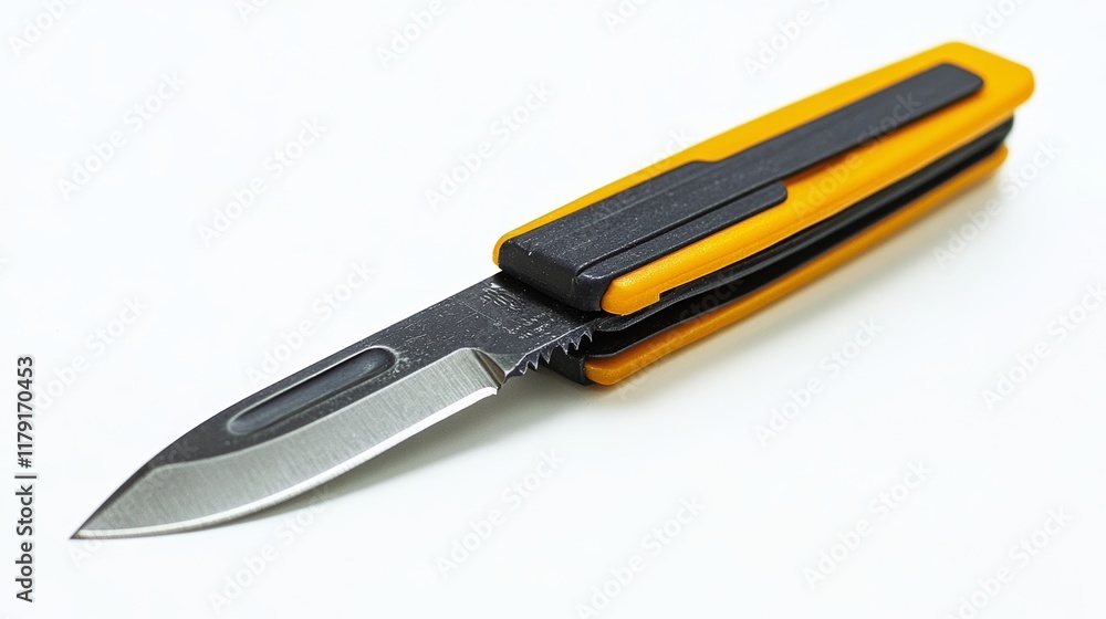 A retractable utility knife with a sharp blade, isolated on a white background A retractable utility knife with a sharp blade, isolated on a white background