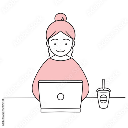 冷たいドリンクを飲みながらPC操作する女性のコピー