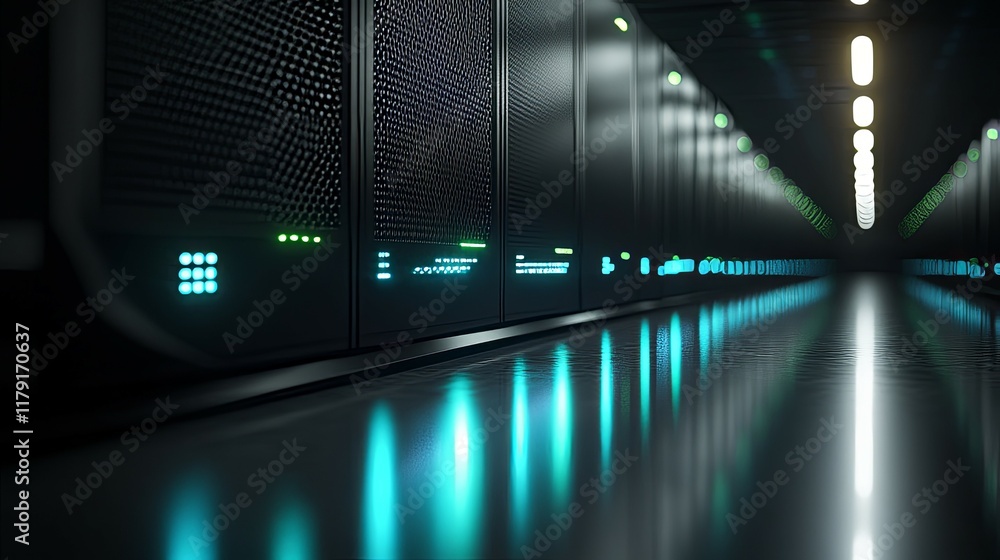 Cyberpunk Server Hall: Glowing Panels and Reflective Floor Cyberpunk Server Hall: Glowing Panels and Reflective Floor