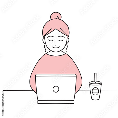 ドリンクを飲みながら穏やかにpcを操作する俯いた女性