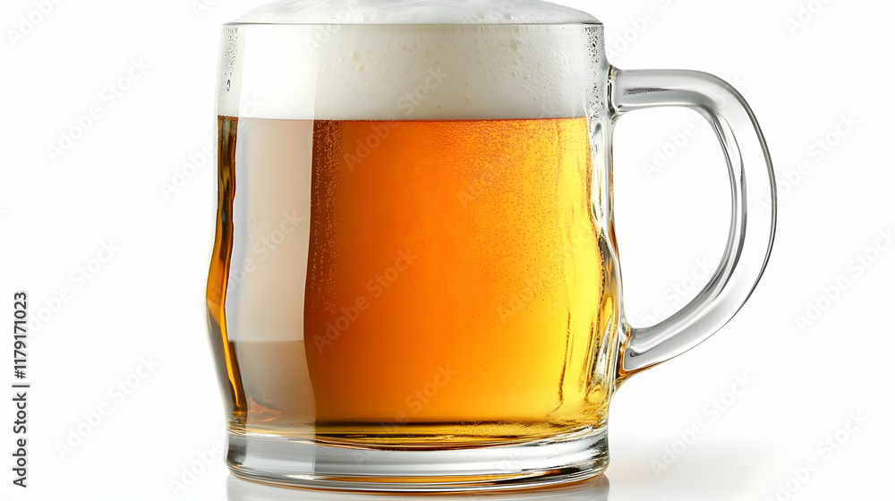A Glass of Beer with Foam Presents a Refreshing and Golden Beverage against White Background. A Glass of Beer with Foam Presents a Refreshing and Golden Beverage against White Background.