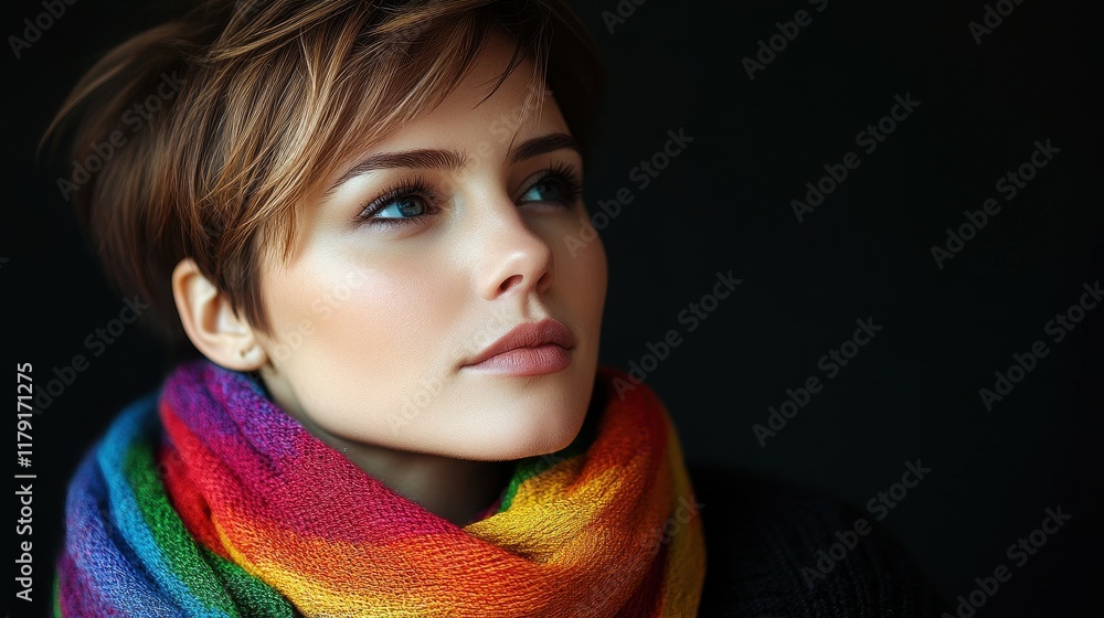 Profile View of Woman with Short Hair Wearing a Rainbow Scarf