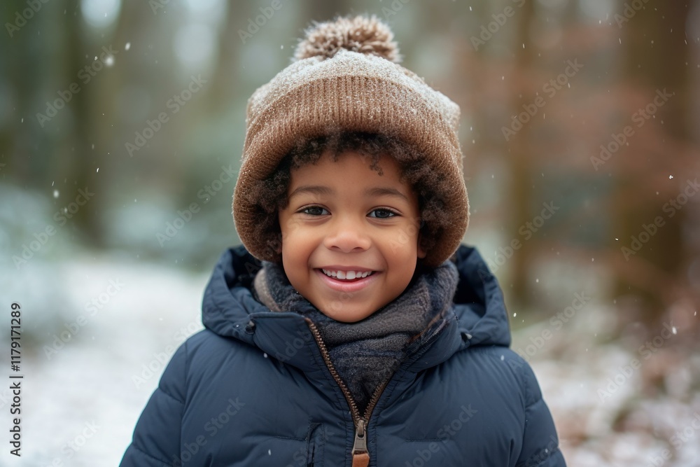 Happy child wearing warm clothes and smiling during snowfall in a forest Happy child wearing warm clothes and smiling during snowfall in a forest