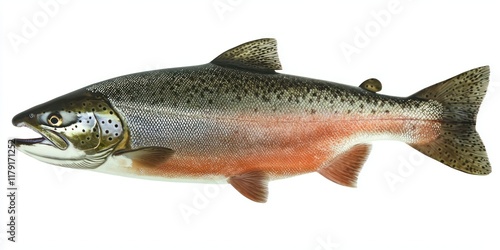 floating raw salmon on white background photo