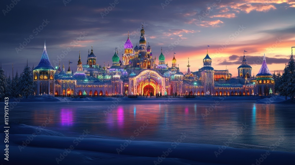 Obraz premium Enchanting Winter Castle with Colorful Lights at Dusk Reflection