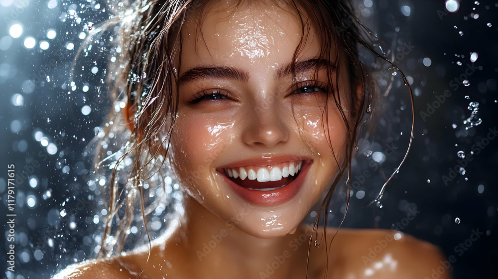 Fototapeta premium Young Woman Smiles Under Shower Spray with Glowing Skin and Wet Hair