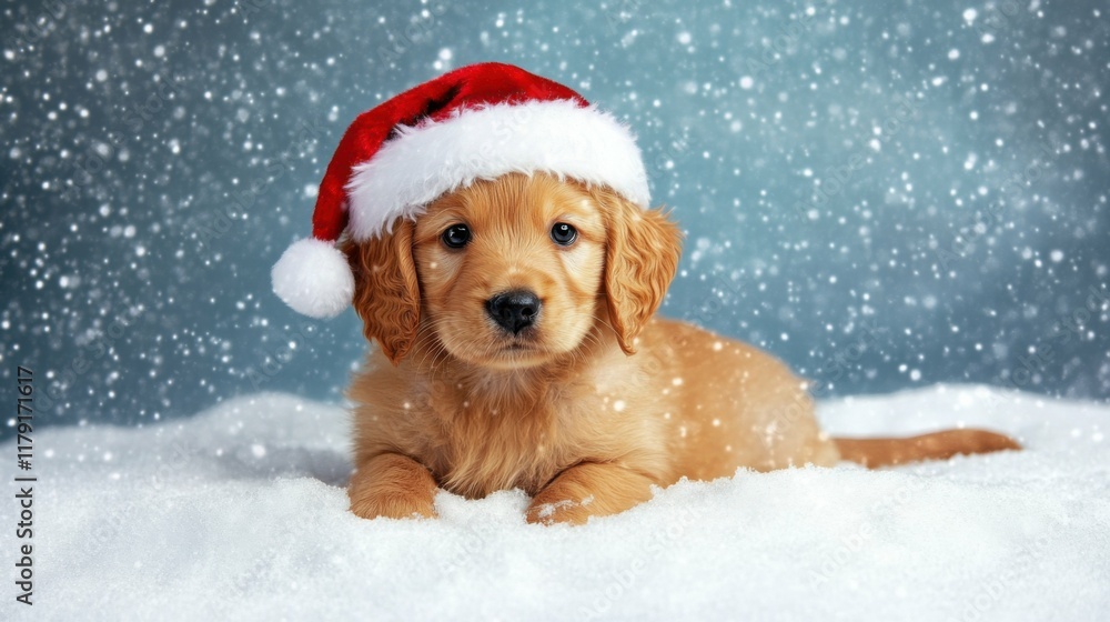 adorable golden puppy wearing Santa hat on snow-covered background, festive and heartwarming holiday theme, vibrant dynamic focus