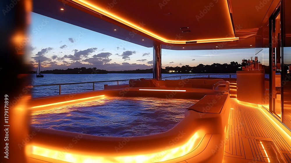 Fototapeta premium Luxury Yacht Hot Tub at Sunset with Scenic Bay View and Warm Lighting