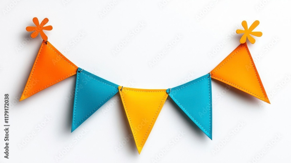 A photostock of bright and festive bunting flags in multicolor designs arranged on a white background, symbolizing joyful celebrations and party themes. High Quality A photostock of bright and festive bunting flags in multicolor designs arranged on a white background, symbolizing joyful celebrations and party themes. High Quality