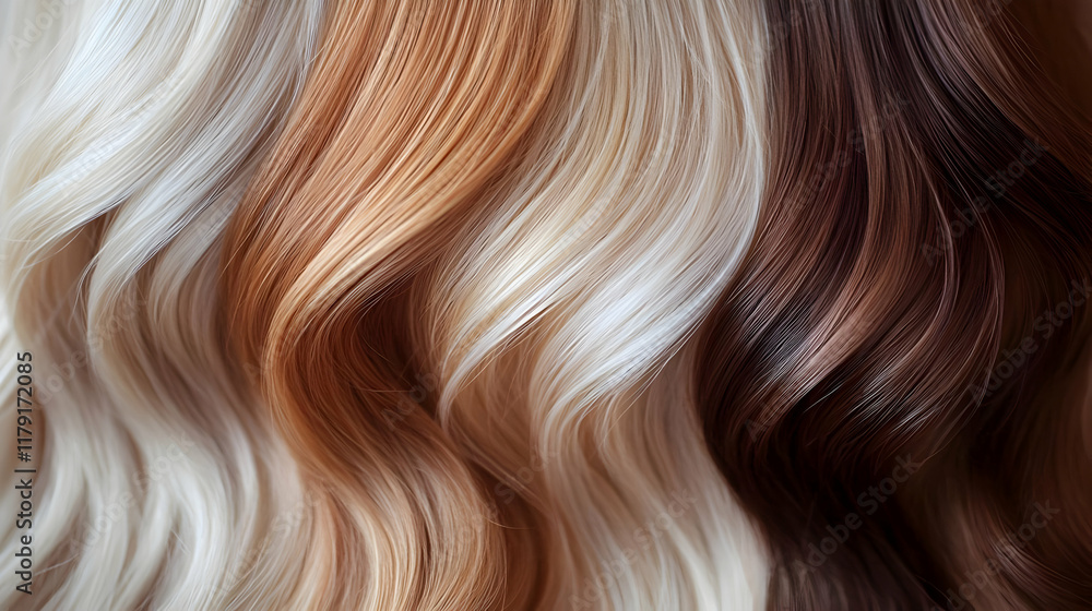 Shiny Hair Texture Flows in Blonde, Copper, and Brunette Hues, Creating a Visual Symphony of Color. Shiny Hair Texture Flows in Blonde, Copper, and Brunette Hues, Creating a Visual Symphony of Color.
