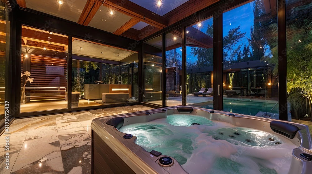 Fototapeta premium Contemporary sunroom with a sleek hot tub, ambient lighting, and a night sky view