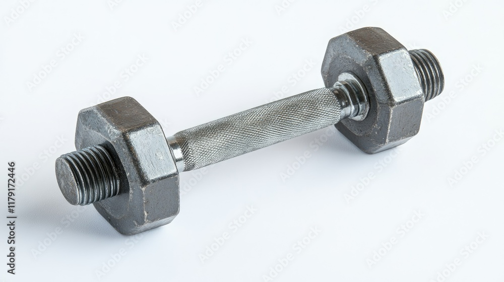 A single steel dumbbell in a strong, angular position on a clean white background, emphasizing its sleek and modern design. A single steel dumbbell in a strong, angular position on a clean white background, emphasizing its sleek and modern design.