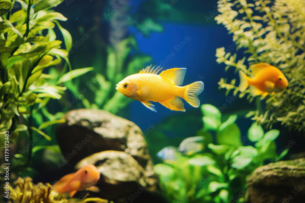 Vibrant orange fish swimming in a lush aquarium with green plants and rocks Vibrant orange fish swimming in a lush aquarium with green plants and rocks