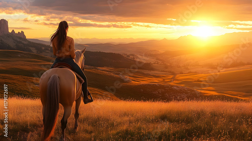 Woman rides horse watches golden sunset over rolling hills at dusk peacefully.