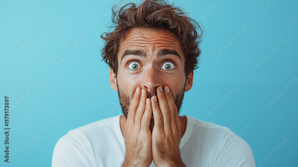 Man expressing shock with hands covering mouth, emotional portrait concept Man expressing shock with hands covering mouth, emotional portrait concept