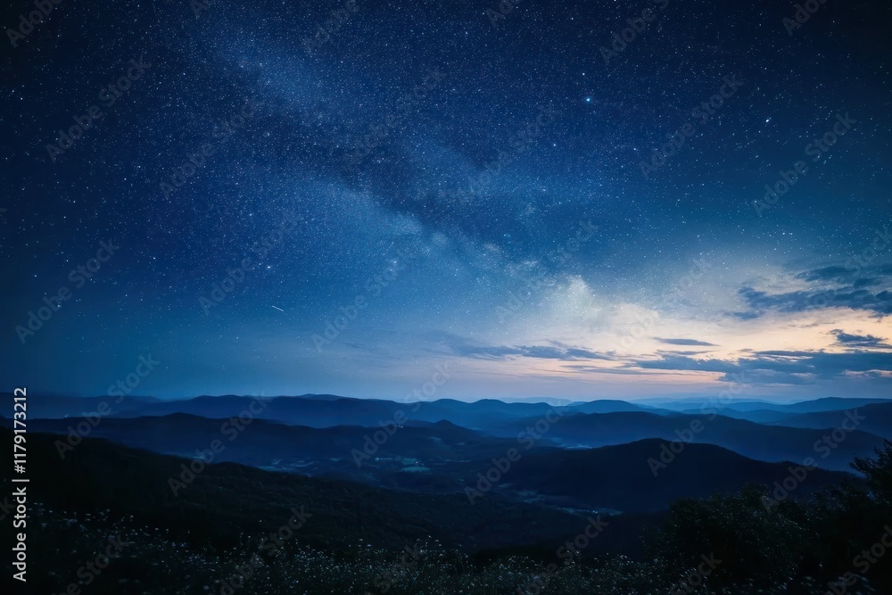Naklejka premium Starry night sky over rolling hills and valleys with soft atmospheric light