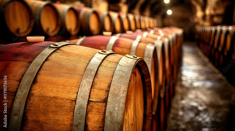 Oak Wine Barrels Stored in a Cellar Shows Traditional Winemaking Process and Elegance. Oak Wine Barrels Stored in a Cellar Shows Traditional Winemaking Process and Elegance.