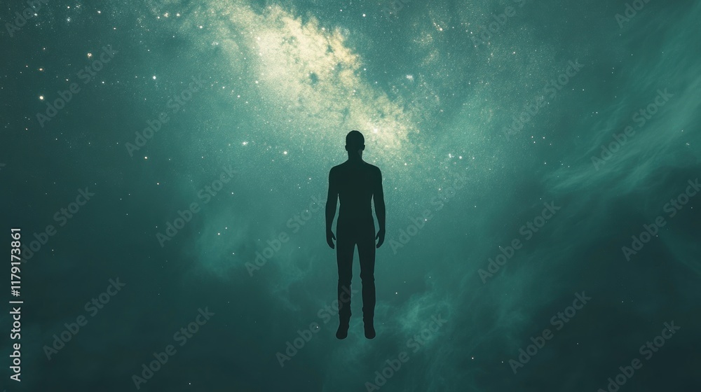 Fototapeta premium Silhouette of a man floating in a cosmic nebula, surrounded by stars and galaxies.