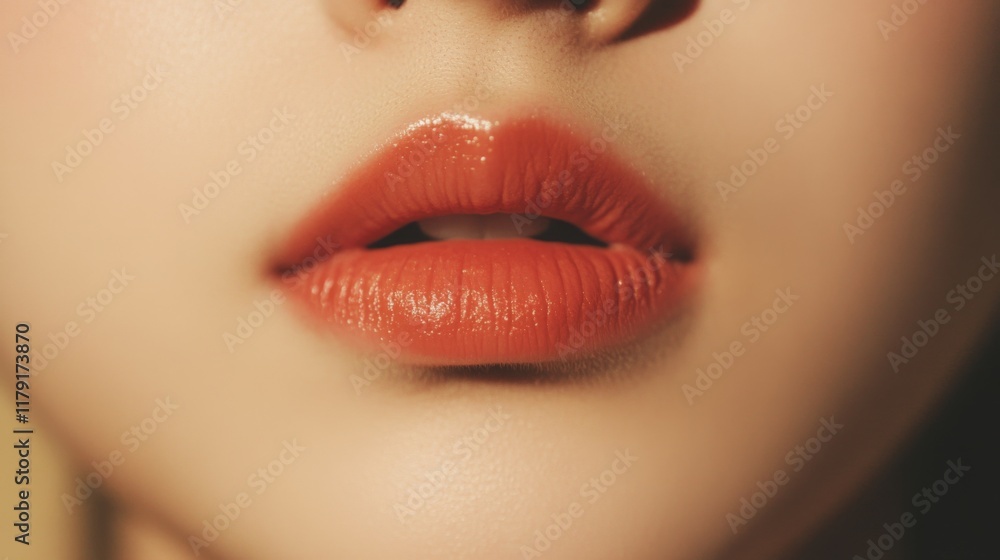 Fototapeta premium Close-up of woman's lips with coral lipstick.