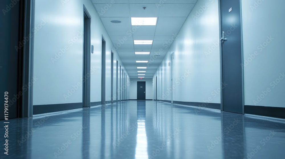 Obraz premium A sleek, modern hallway with polished floors, recessed ceiling lights, and a clean, uninterrupted design