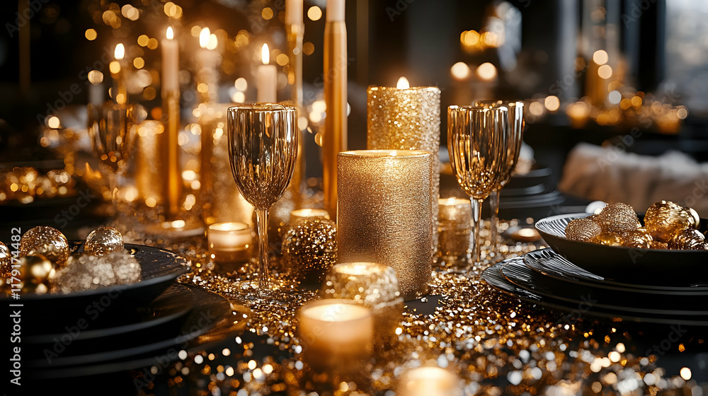 Elegant Festive Table Setting Glows with Gold Candles and Ornaments for a Celebration Dinner Elegant Festive Table Setting Glows with Gold Candles and Ornaments for a Celebration Dinner