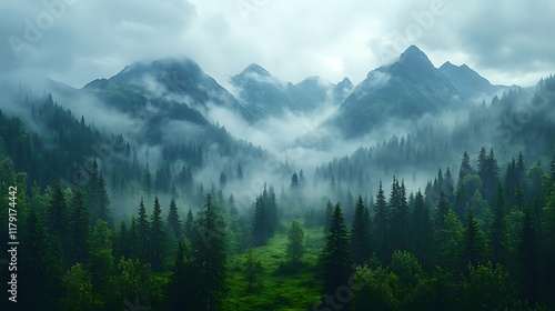 Fotografie Serene nature with misty forest and mountains high resolution hd picture