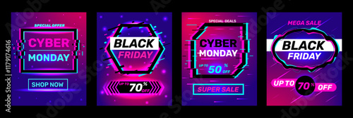 Glitch effects posters. Cyber Monday and Black Friday sales. Shopping discount flyer layout design template. Trendy distorted frame. Futuristic border. Vector store promotion banners set