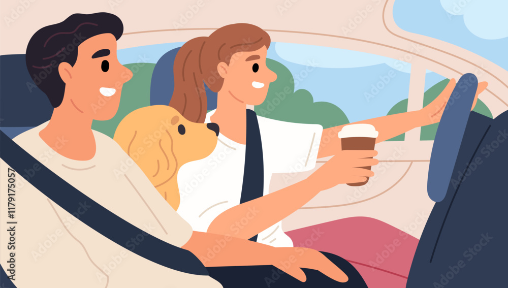 Driver and passenger on way. Happy couple travels with dog in car. Guy and girl together in automobile cabin. Woman with coffee cup drives vehicle. Family on seats. Garish vector concept Driver and passenger on way. Happy couple travels with dog in car. Guy and girl together in automobile cabin. Woman with coffee cup drives vehicle. Family on seats. Garish vector concept