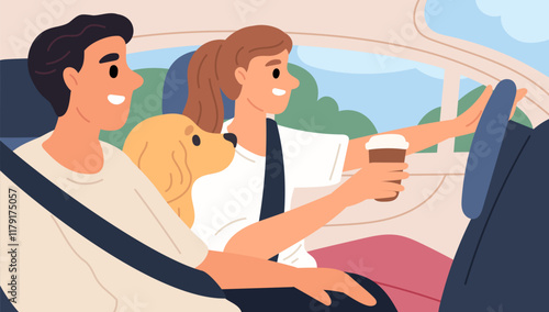 Driver and passenger on way. Happy couple travels with dog in car. Guy and girl together in automobile cabin. Woman with coffee cup drives vehicle. Family on seats. Garish vector concept