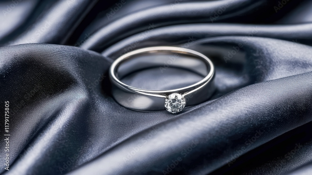 A simple, elegant silver ring with a sparkling gemstone rests on luxurious dark fabric, highlighting its beauty and sophistication, love, valentine day, wedding, married.