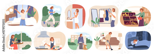 Daily woman routine scenes. Everyday female activities. Leisure and work. Girl taking yourself care. Shopping in supermarket. Walking in park. Dinner food cooking. Garish vector set