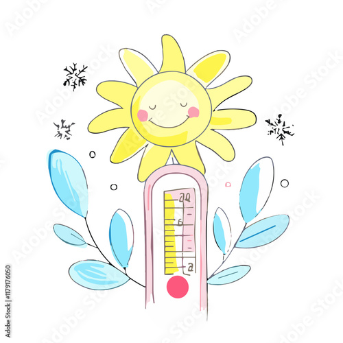 Colorful illustration of a thermometer with a smiling sun and snowflakes on a white background