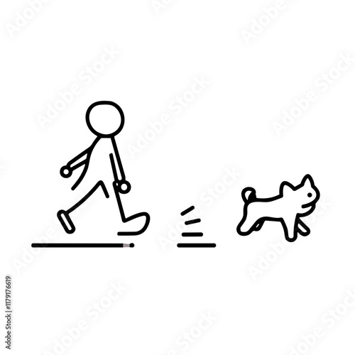 Dog chasing person icon, playful illustration, dynamic design, black outline style, minimalistic graphic