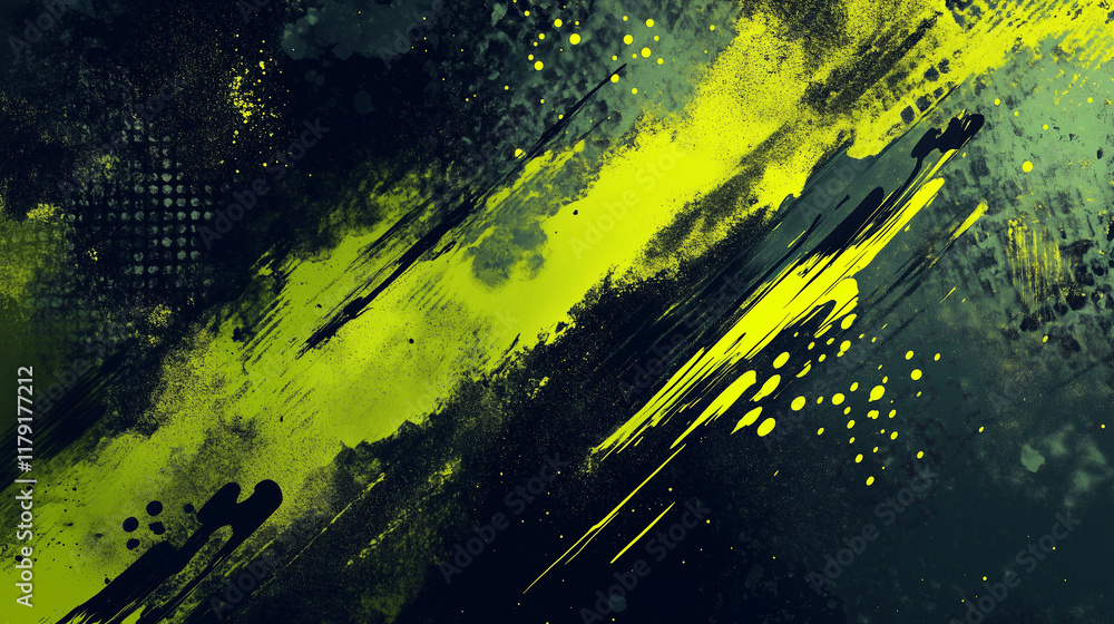 Fototapeta premium A graphic background with a combination of green strokes and textures on a dark background, creating a deep contrast. 