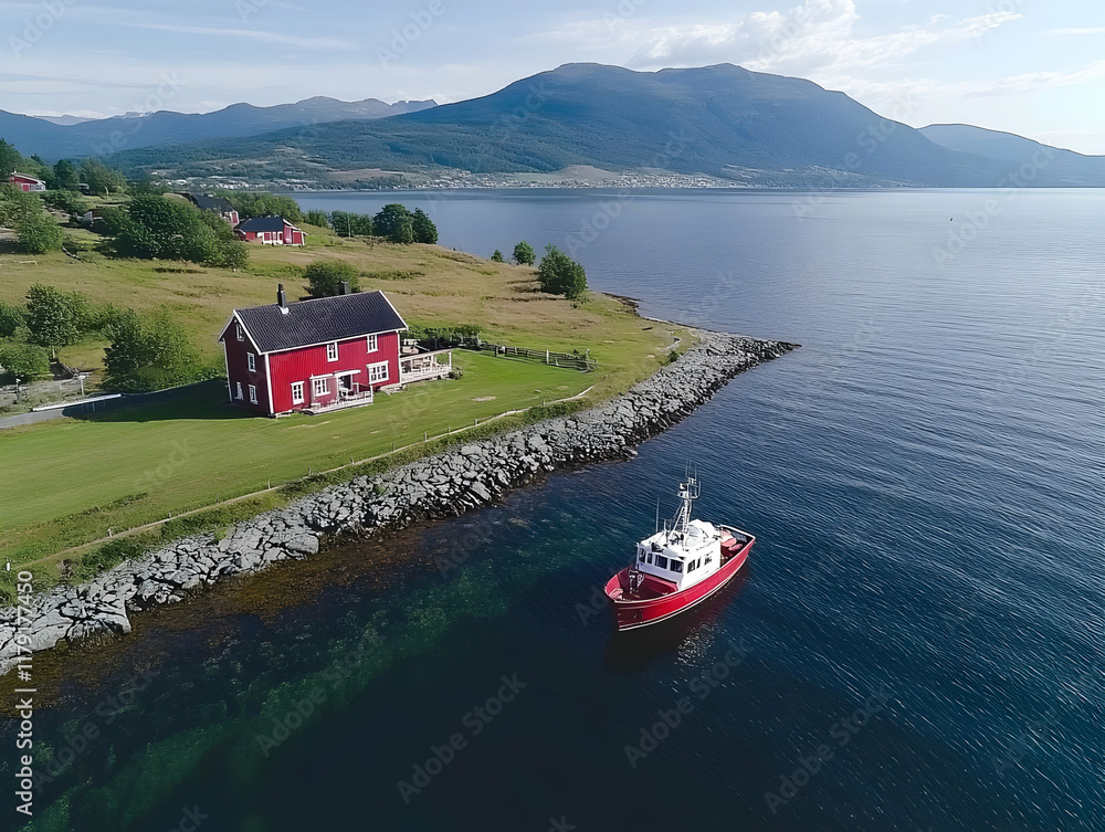 Naklejka premium Red House by the Fjord Aerial Photo