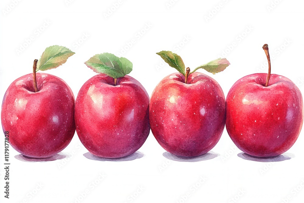 A vibrant illustration of four red apples with green leaves, showcasing freshness and nature. A vibrant illustration of four red apples with green leaves, showcasing freshness and nature.