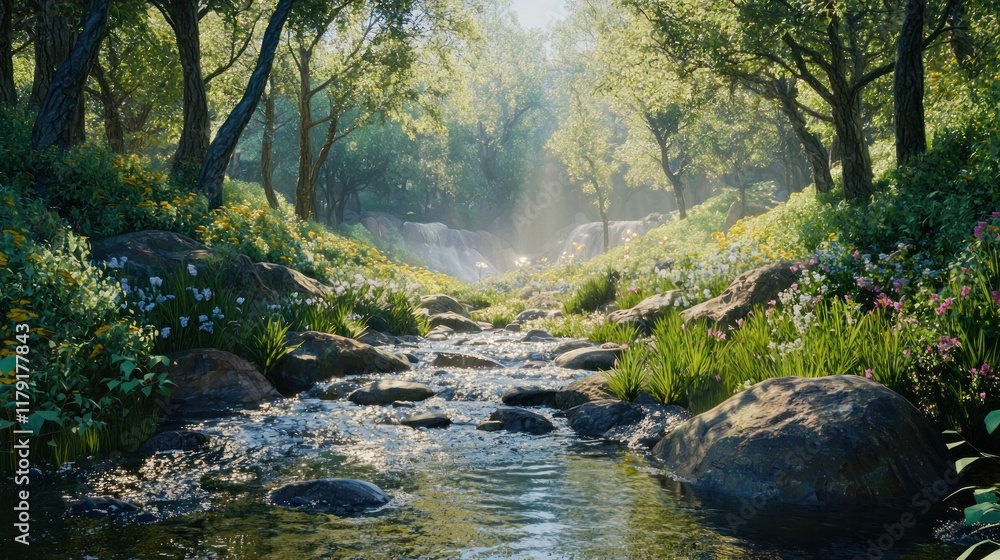 Obraz premium Serene Stream in a Sunlit Forest: A Digital Painting of Tranquility