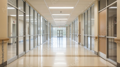 Wallpaper Mural A spacious hallway in a contemporary building, featuring neutral tones, bright lighting, and glass-paneled doors Torontodigital.ca