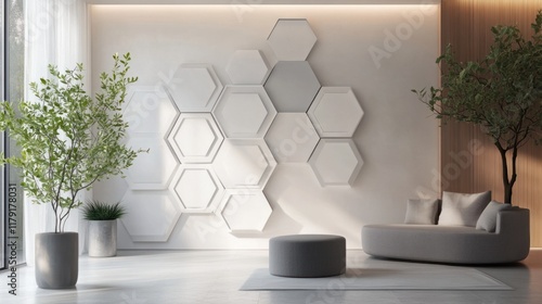 A modern geometric 3D mural with hexagonal designs in metallic finishes, set against a light neutral backdrop